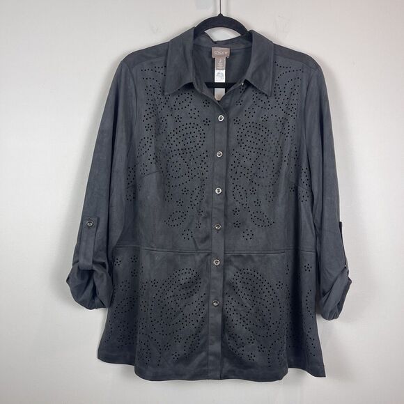 Chicos Womens Jacket Top Sz 2 US Large Gray Faux Suede Mature Career Dark Preppy - Picture 1 of 9